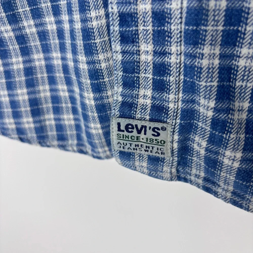 VTG 90s Levis Button Down Shirt Mens L Blue Plaid Heavyweight Metal Buttons